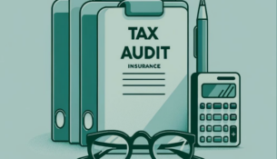 Photorealistic image showing financial documents for Tax Audit Insurance in Australia, a calculator, and glasses on a white desk with green accents, symbolising Aura Advisory's expertise in taxation law compliance and ATO audit preparation.