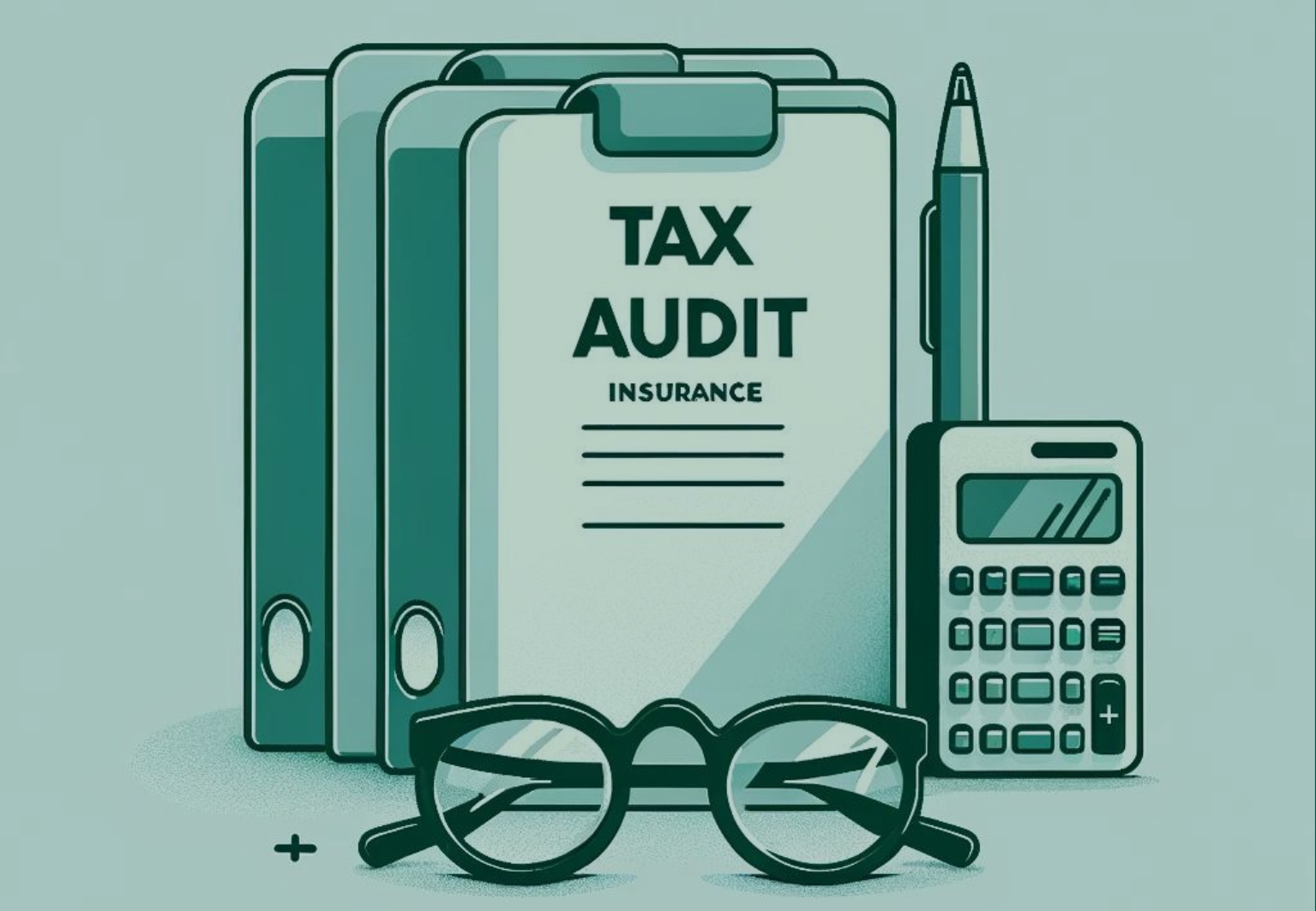 Photorealistic image showing financial documents for Tax Audit Insurance in Australia, a calculator, and glasses on a white desk with green accents, symbolising Aura Advisory's expertise in taxation law compliance and ATO audit preparation.