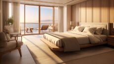 Barrack Insurance Brokers: Luxurious hotel room with a plush bed and a picturesque beach view, showcasing hotel insurance services in Australia