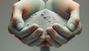 Realistic image of hands holding silica dust, showcasing industrial safety and silicosis prevention in the workplace