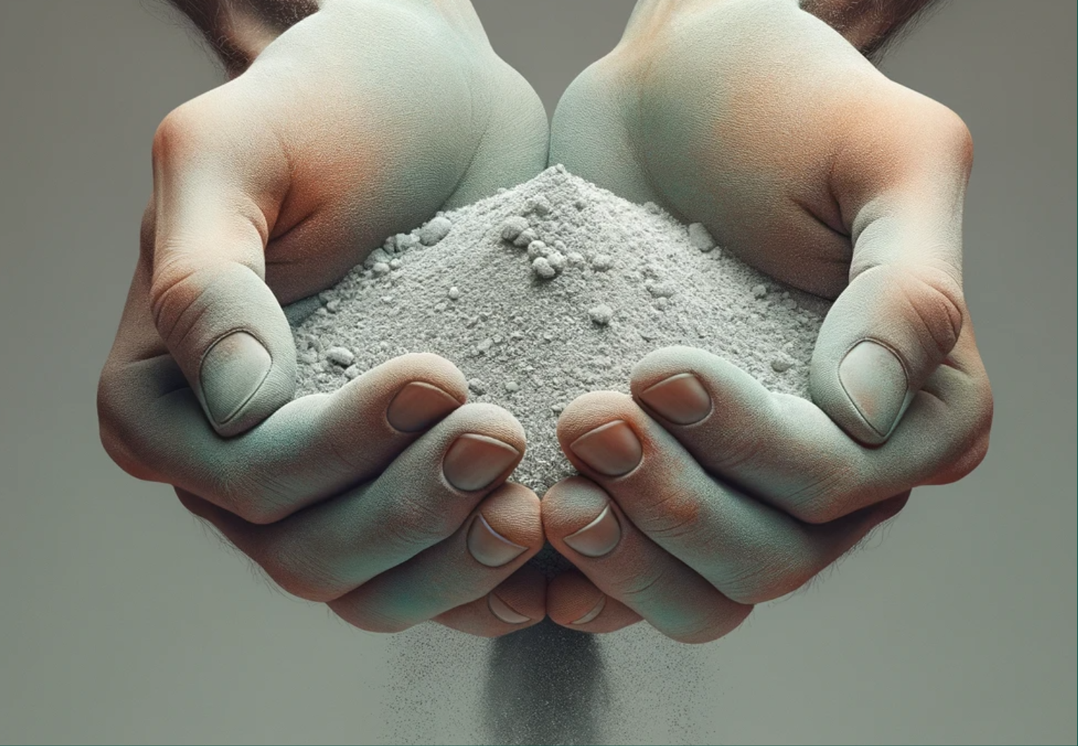 Realistic image of hands holding silica dust, showcasing industrial safety and silicosis prevention in the workplace