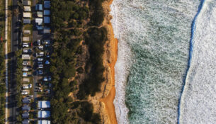 A Big Swell With Large Waves In Tathra, Nsw. Pictured Here, Tathra Wharf And Kianinny Bay. Huge Waves And Dangerous Swell.