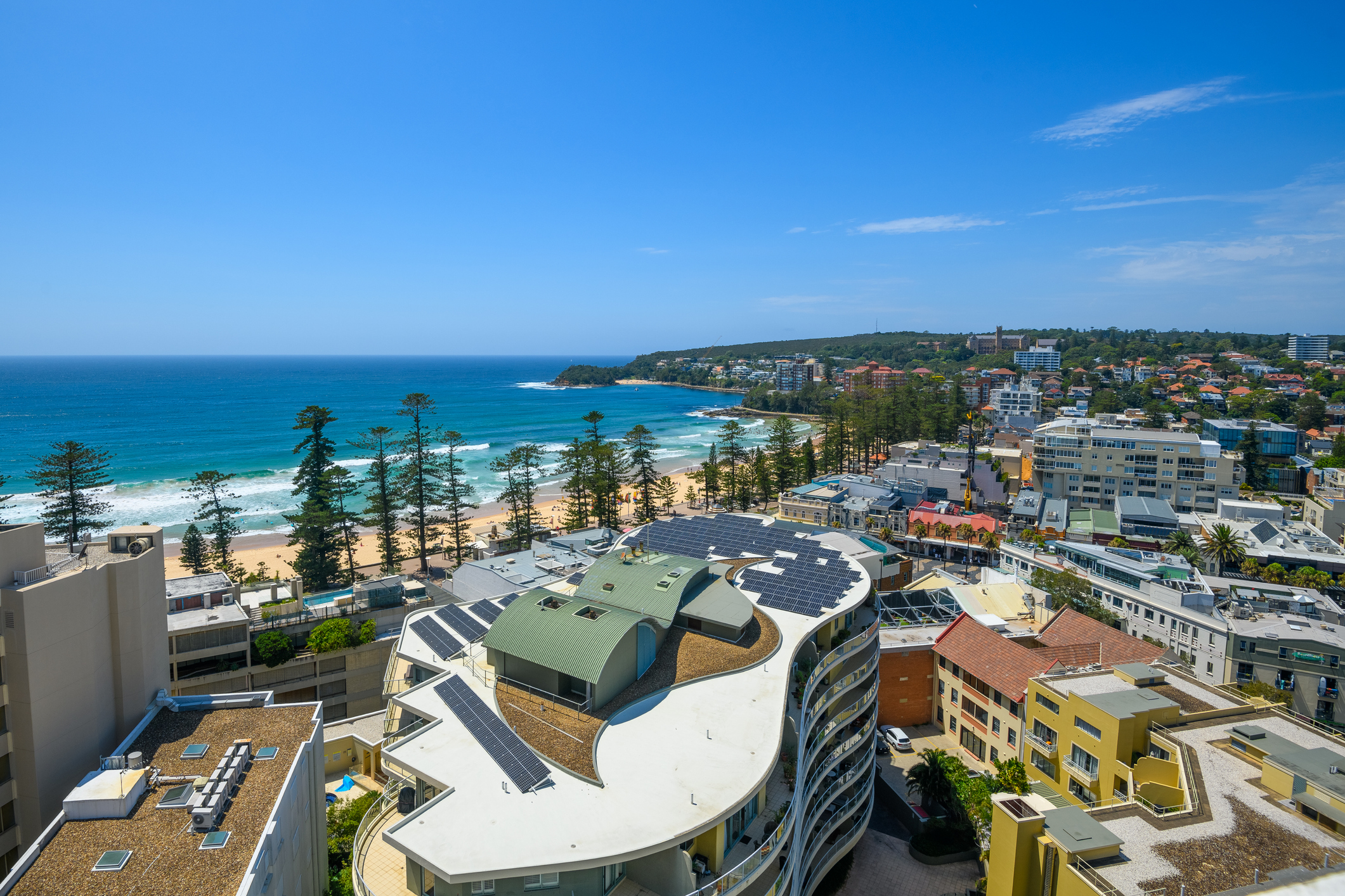 Aerial View Of Manly Beach And Coastal Suburb On A Sunny Day, Sydney