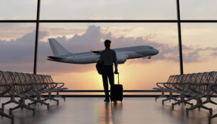 Silhouette Of A Man Walking In The Airport As The Plane Takes Off During Sunset. 3d Illustration